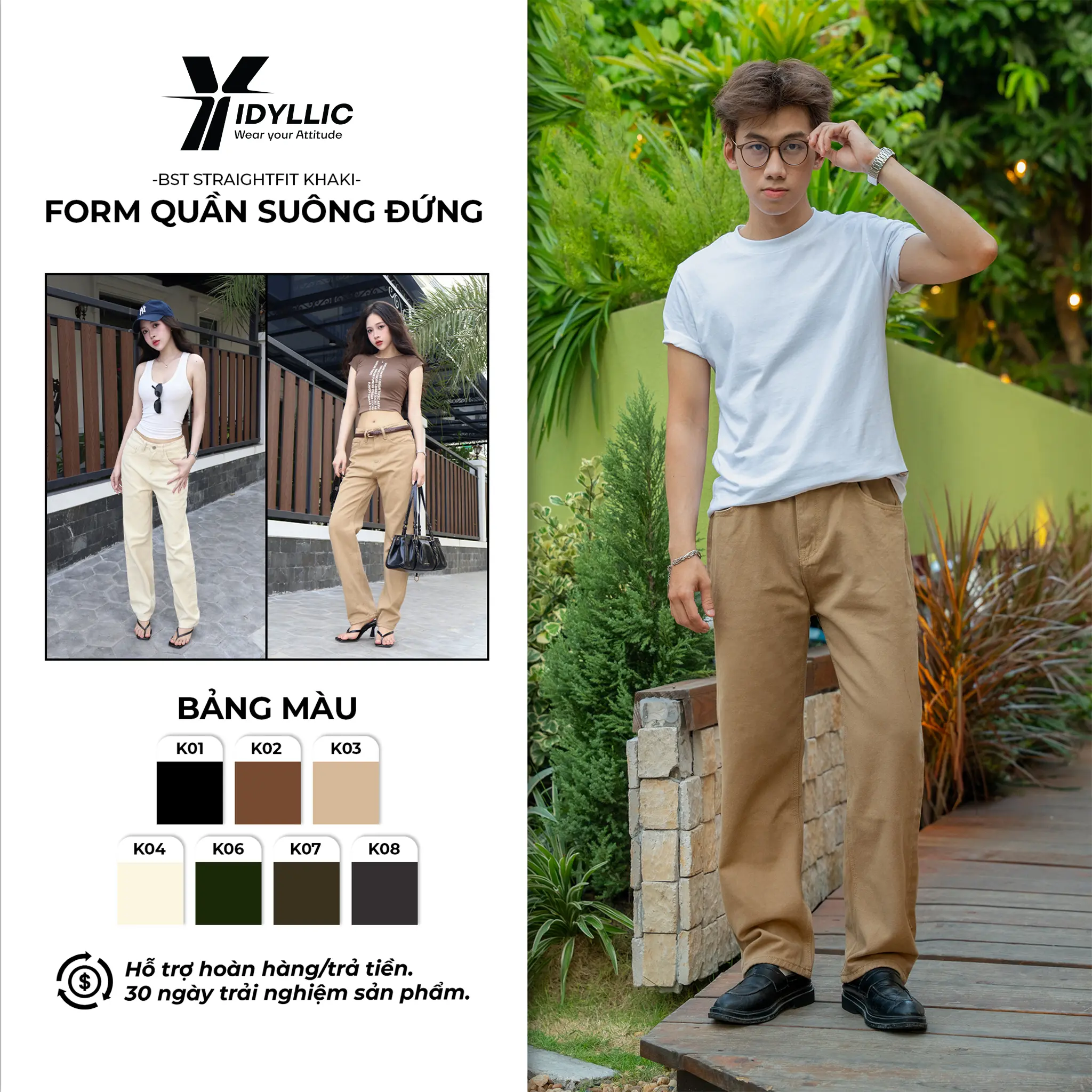 [IDYLLIC] BST Quần Dài Kaki denim Nam Nữ K01, K02, K03, K04, K06, K07, K08 - Chất Vải Mềm Mịn, Tôn Dáng, Thanh Lịch