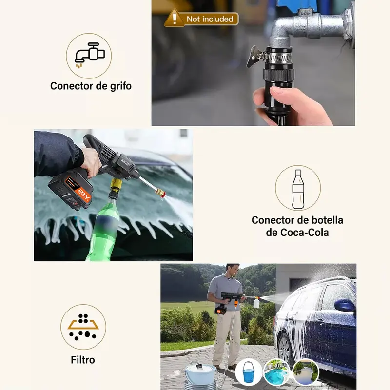 Pistola Para Hidrolavadora Electrica Portatil Inalambrica Incluye 2 Baterías, Manguera De 5M Hidrolavadora eléctrica portátil y inalámbrica negro de 550W con 680psi de presión máxima - Foto 6