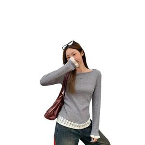 Elegant Lace Trim Long Sleeve T-Shirt for Women, Spring Fitted Slimming Inner Layer Top, Stylish Ruched Design, Casual Wear 3057# Womenswear Lingerie Basic Crewneck Minimalist