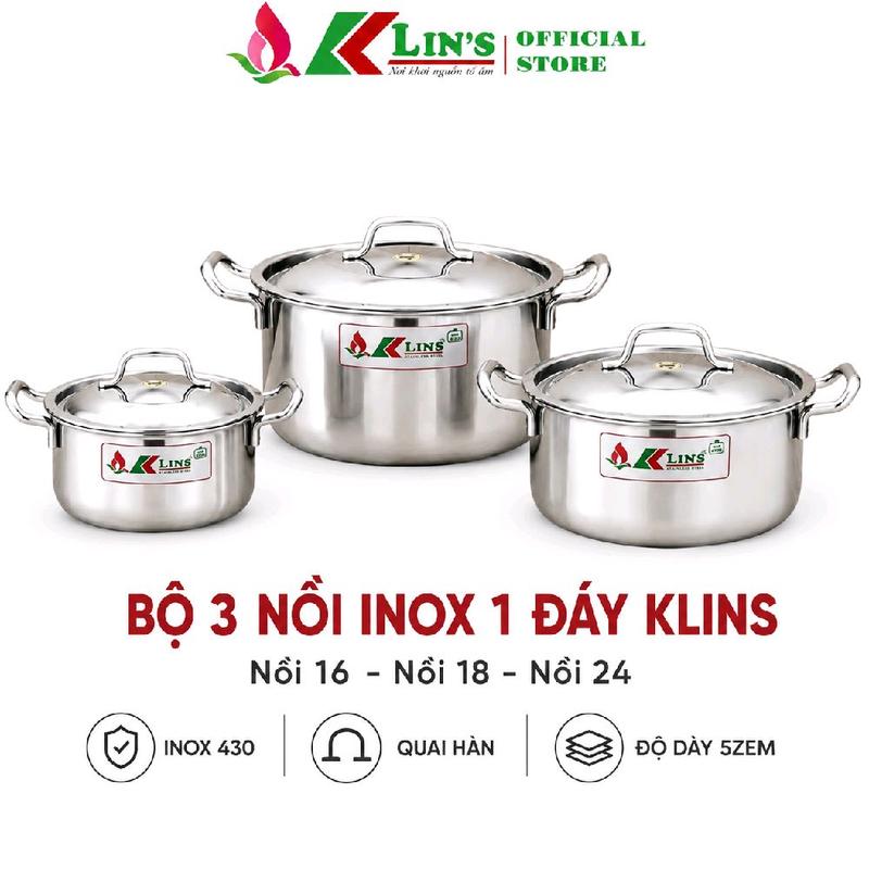 (DB) - BỘ 3 NỒI INOX 1 ĐÁY KLINS (16-18-24CM) Quai Hàn