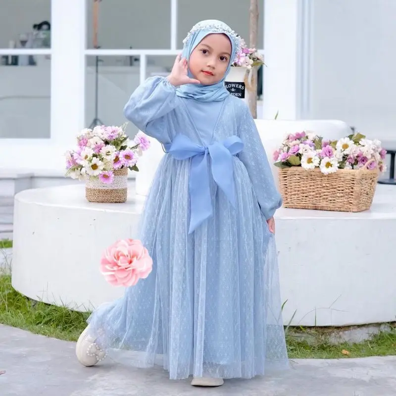 Gamis anak perempuan muslim mewah terbaru gaun putih mutiara panjang tile lebaran Ladys Kid Pita Baju Dress 7