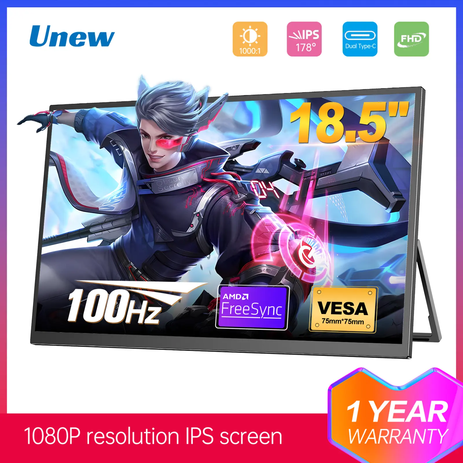 18.5 inch Portable Gaming Monitor, 100Hz, 1920x1080, 75*75mm Vesa,  Adjustable Stand, Laptop Second Display, For Xbox Swithc PS