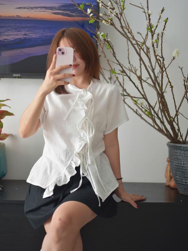 MỎNG NHẸ - BST TẾT Áo kiểu tiểu thư tay ngắn phối bèo cột dây dễ thương bigsize 90kg - Mia Bigsize