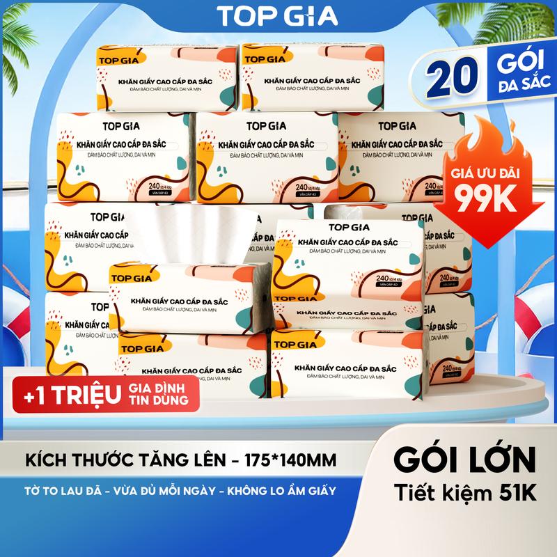 (HÀNG CAO CẤP - GIÁ HỜI) Thùng 10/20 Gói Giấy Ăn Topgia Đa Sắc, Giấy Ăn Cao Cấp Dập Vân 4D, 4 Lớp, Dai, Mềm Mịn, Khăn Giấy Vệ Sinh, Khăn Giấy Gia Đình Đa Năng. ĐẠT QUY CHUẨN CỦA BỘ CÔNG THƯƠNG.  (VH1)