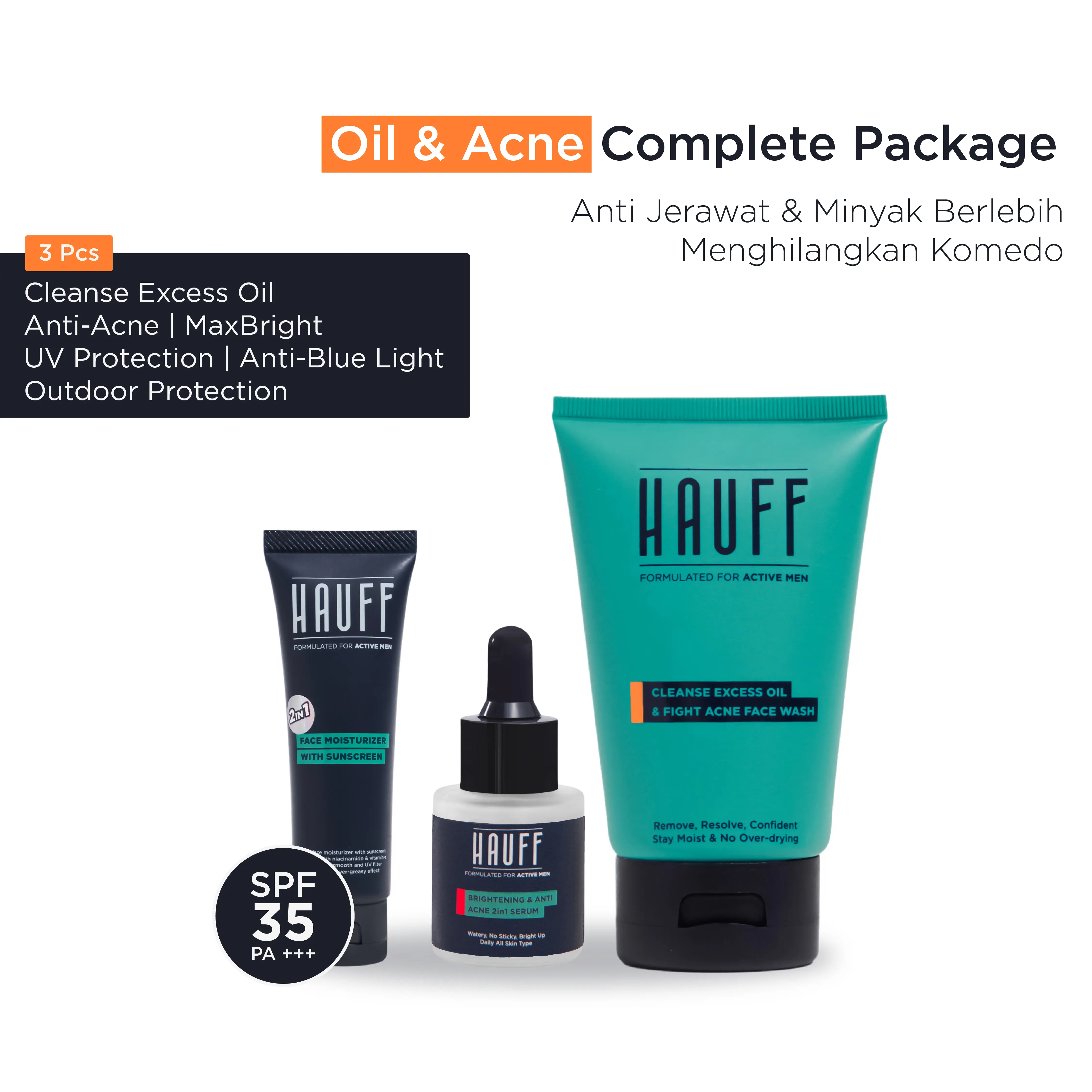 [PP] HAUFF OIL & ACNE COMPLETE PACKAGE | Paket Lengkap Skincare Pria | Anti Jerawat | Mengangkat Kotoran & Minyak Berlebih | Menghilangkan Komedo | Mencerahkan Wajah Kusam | Charcoal, Niacinamide, Alpha Arbutin, Acid Complex, 10-Fruit Extract Complex