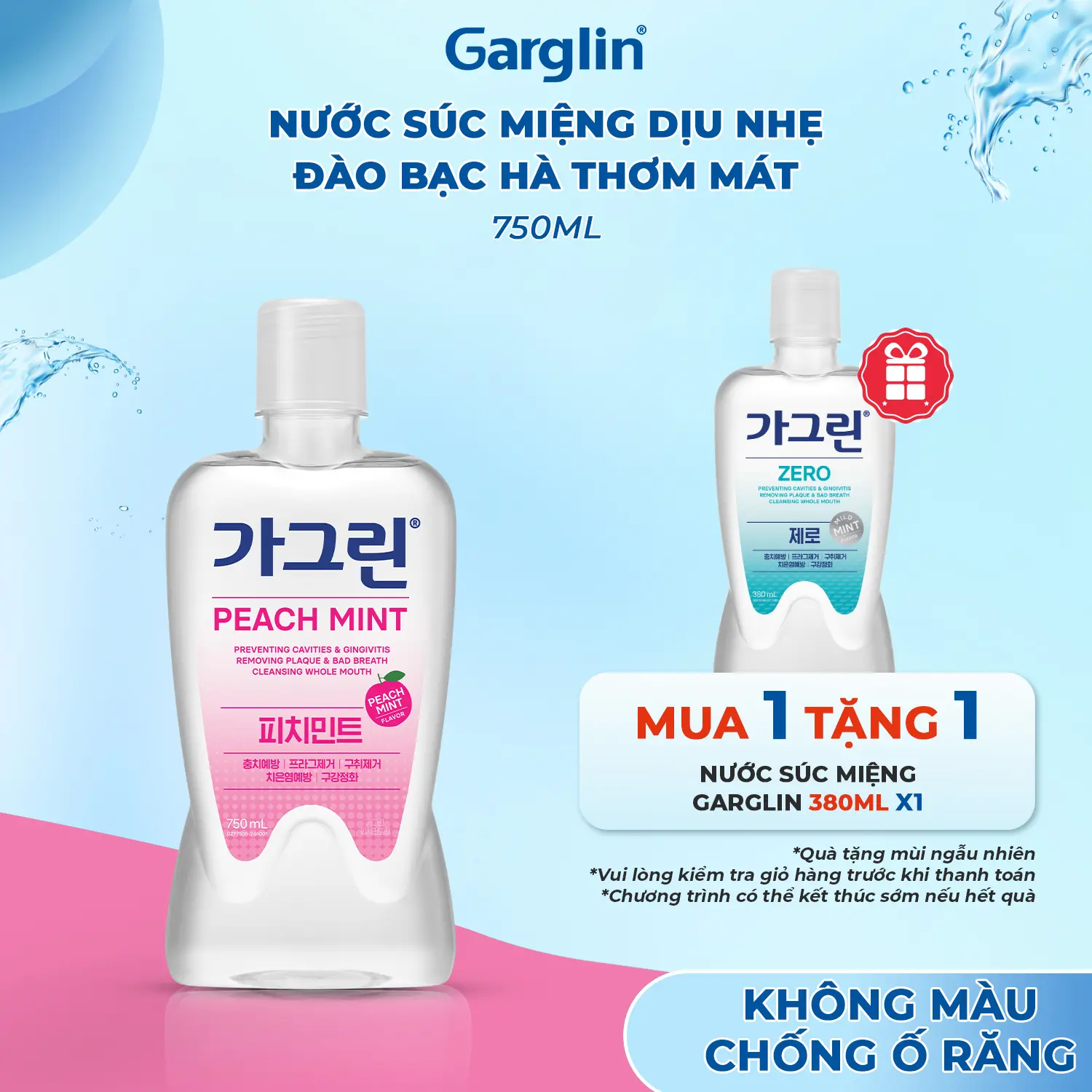 Nước súc miệng cho răng nhạy cảm vị đào bạc hà Garglin Peachmint không cồn chai 750ml - Hàng chính hãng