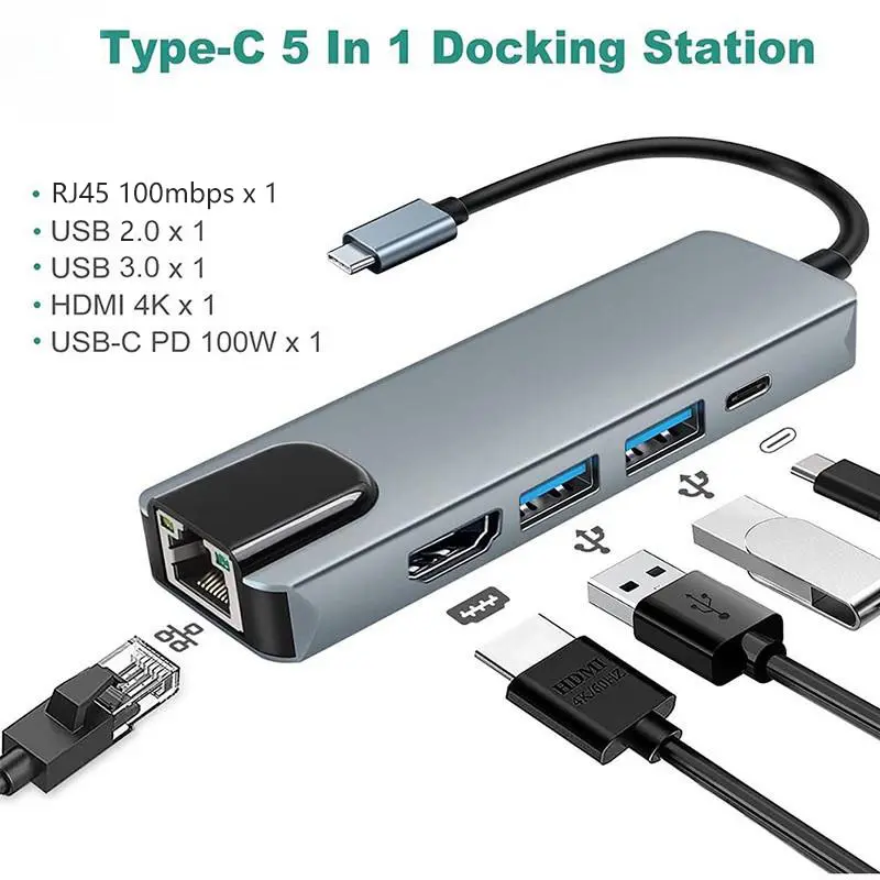 Bộ Chuyển Đổi loại C sang HDMI 4k, Bộ chuyển đổi loại C sang USB, Bộ Chuyển Đổi USB-C 5 trong 1, 1 USB3.0, Rj45 Lan, Tương thích với máy tính và điện thoại