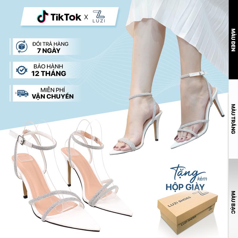 HÀNG FULL BOX Giày Sandal Nữ mũi nhọn 2 quai chéo mũi nhọn gót nhọn cao 9p DéP cao gót 9p quai ngang đính đá Luzi Shoes M105