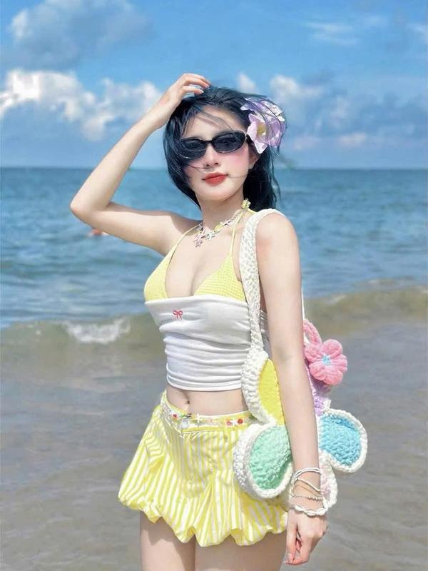 Set Bikini set đi biển 3 món Áo quây Bra Caro Phối quần đùi bí xếp li kẻ sọc_lanbishop LB33