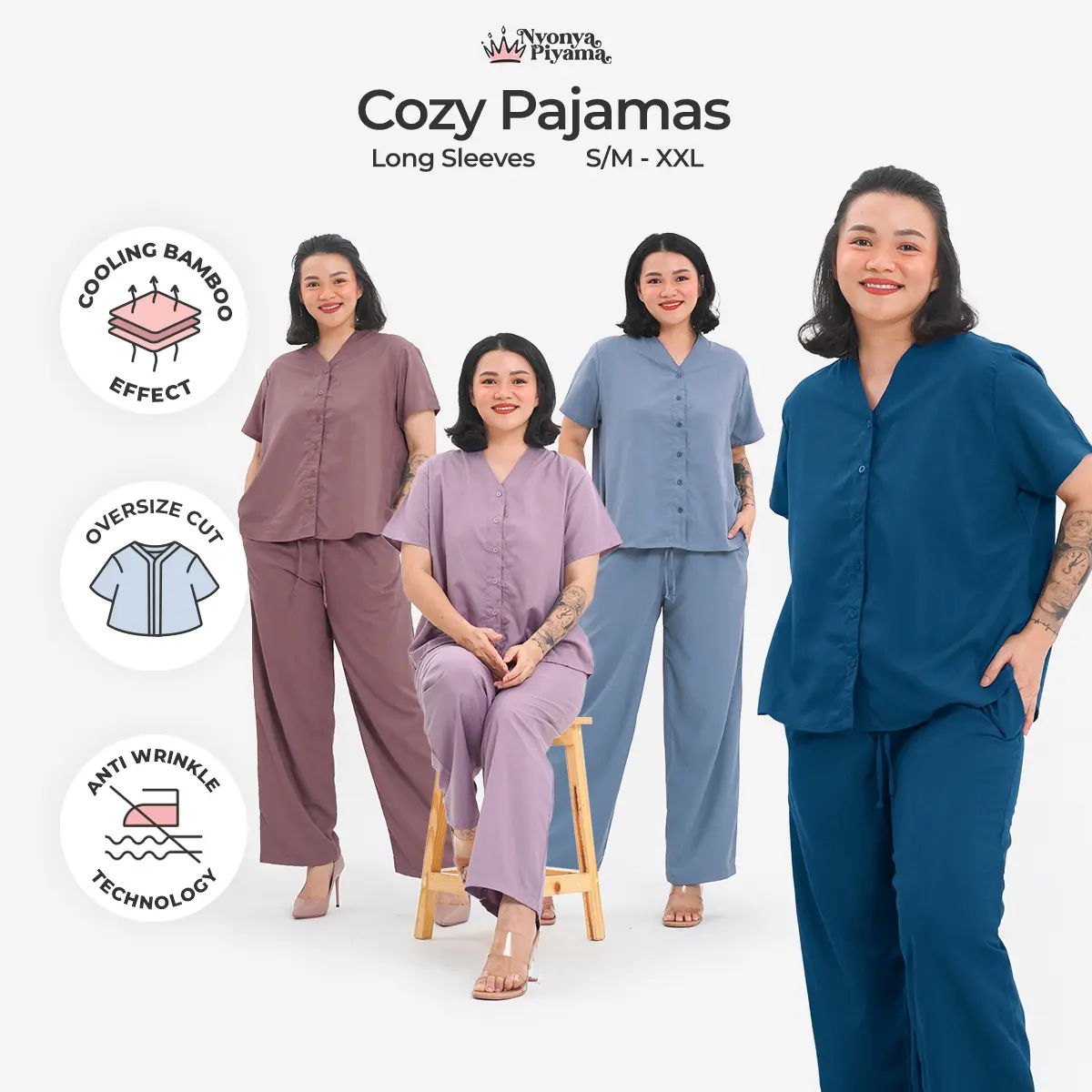 [BEST SELLER] Nyonya Piyama Poly Bamboo Oversized Cozy Set Celana Panjang Polos Baju Nyaman Wanita Santai Tidur