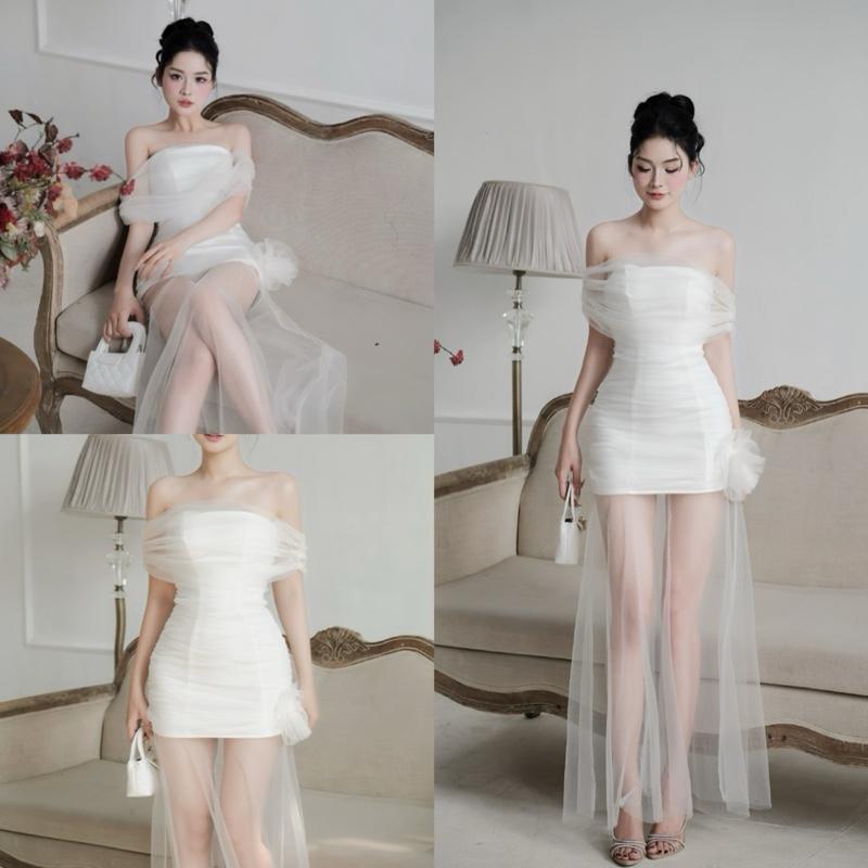 Váy thiết kế trễ vai lưới dáng dài đính hoa NQn33