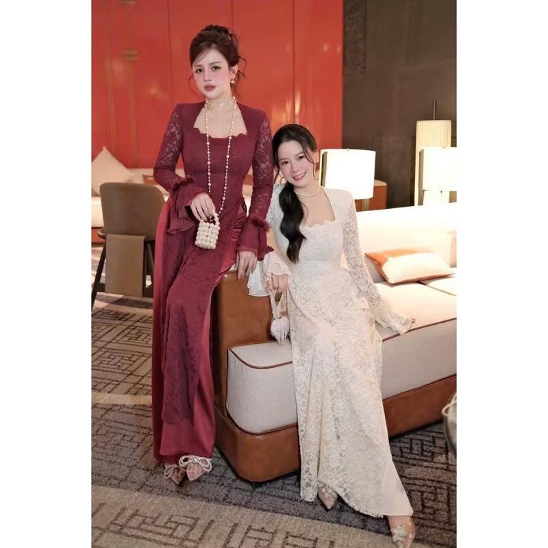 Có bigsize-Hàng Chuẩn-Có Sẵn Áo dài Tết ren tay dài loe cổ vuông phối lông thỏ KÈM QUẦN kho sỉ hải chuyền AD20