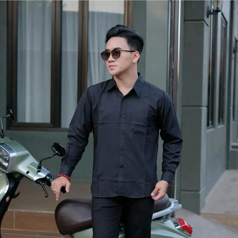 Kemeja Pria Katun Slimfit Panjang Formal - Lingkar Dada 104-122cm - Hitam, Kantor Baju Casual 2