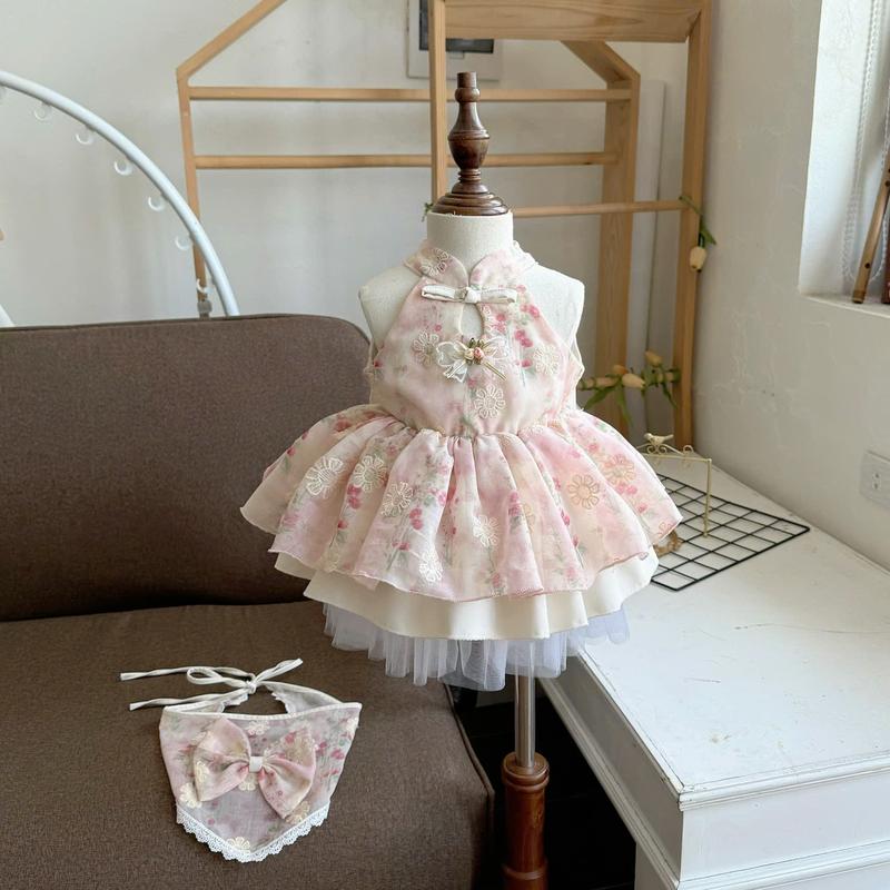 Set Váy Yếm Cổ Tàu Boi Nhật Thêu Hoa Thiết Kế Sang Chảnh Kèm Khăn Đính Nơ Cho Bé Gái Từ Đầy Tháng - 17kg