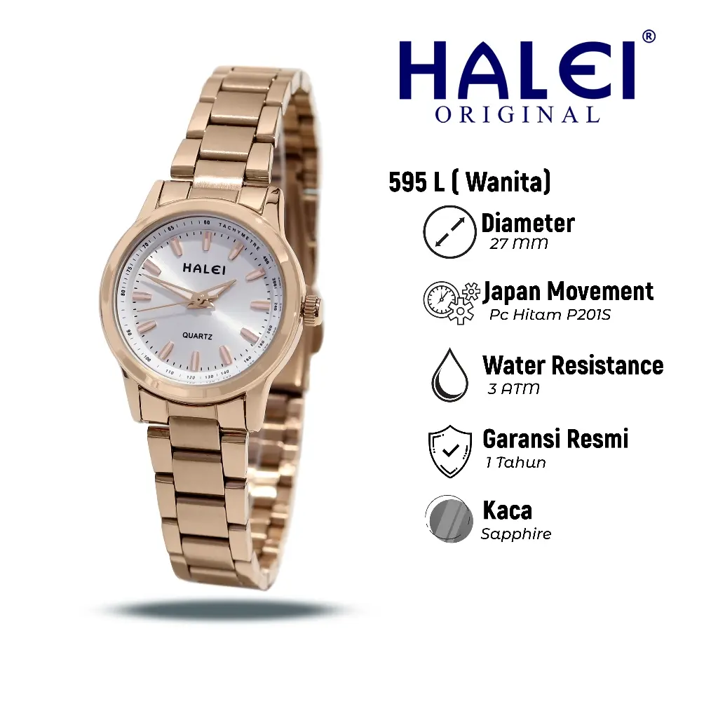 Halei Watch 595 L - Jam Tangan Wanita Original Rantai Stainless Steel Analog Kekinian - Tahan Air dan Garansi 1 Tahun. Free Box dan Baterai Cadangan