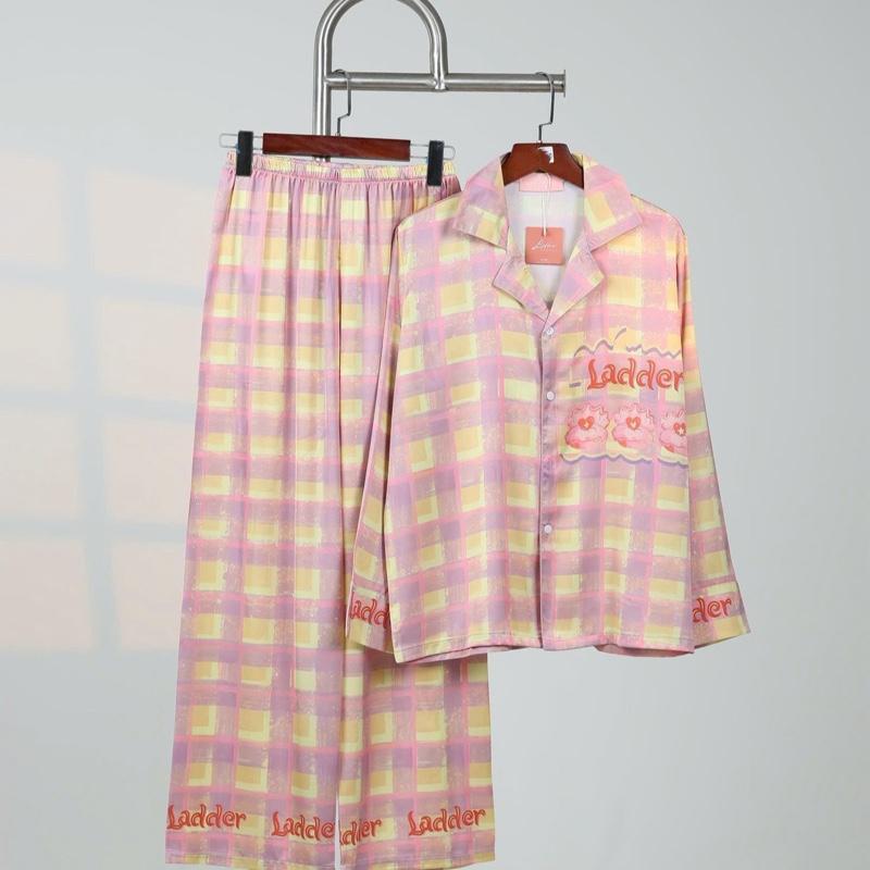 ĐỒ BỘ NỮ PIJAMA - LỤA LATIN (LADE) - 2 size - TAY DÀI QUẦN DÀI - ca rô hồng trái tim