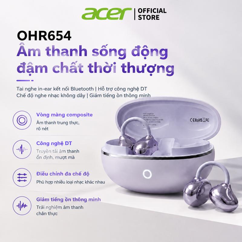 Acer OHR654 Tai nghe không dây dạng mở tai｜Bluetooth 6.0｜Âm thanh stereo toàn cảnh｜Đeo lâu thoải mái｜Pin dung lượng cao, thời lượng sử dụng dài｜Thiết kế êm ái, không đau tai｜Hỗ trợ iPhone và Android｜Tai nghe chống nước