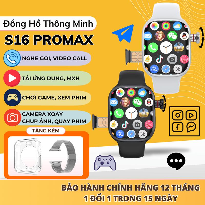 TechX Đồng Hồ Thông Minh S16 ProMax Lắp Sim Độc Lập Nghe Gọi Video Call Tải Ứng Dụng Chơi Game Camera Xoay 180° Bảo Hành 12 Tháng Tặng Kèm Ốp Lưng & Tay Dây