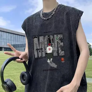 Kaos tanpa lengan untuk pria dan wanita, potongan longgar, gaya Amerika, dicuci dan diberi efek usang, rompi olahraga basket, atasan kamisol yang manis dan keren, atasan pria dan wanita trendi terbaru.