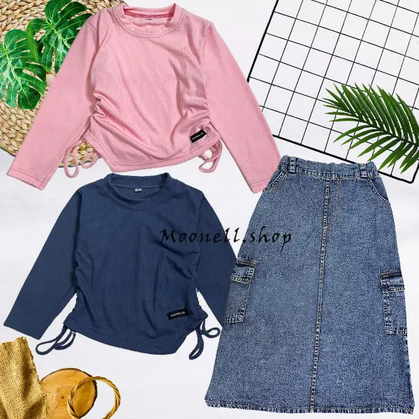 SETELAN JEANS ANAK PEREMPUAN/ ROK CARGO JEANS PANJANG DAN KAOS CROPTOP SERUT MOTIF SABLON ANAK Usia 2-12 Tahun 0