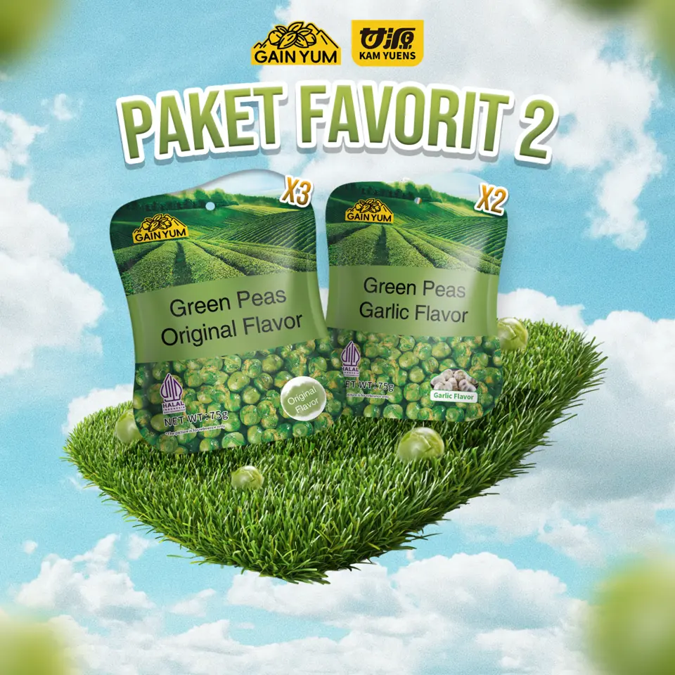 [PAKET 3PCS + 2PCS] Gain Yum Kacang Polong Rasa Original [3PCS] dan Bawang Putih [2PCS] Ukuran 75g