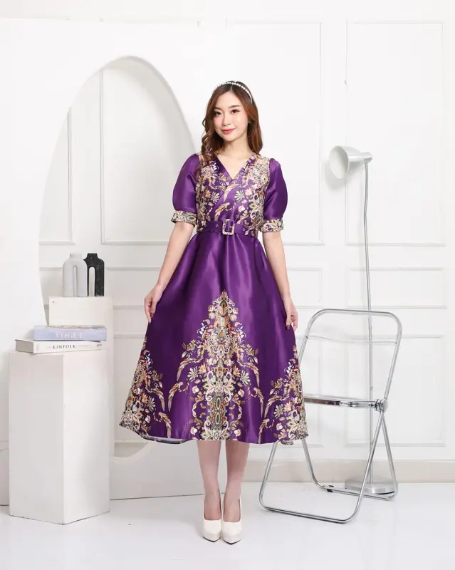 Emma.Butik E00195 Gaun Pesta Wanita Turkish Mewah Glamor Dress Natal Gereja Elegan Formal Pesta Motif Bunga V neck Cantik Kondangan 4