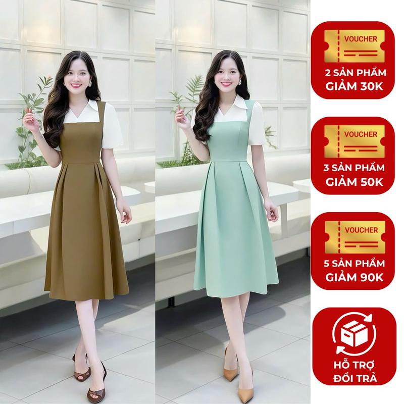 Đầm váy nữ xinh thiết kế hot trend Nhật Vy cổ sơ mi tay ngắn kiểu dáng dài chiết eo big size chất lụa công sở văn phòng dự tiệc quà tặng vợ mẹ màu nâu cacao xanh - D3526