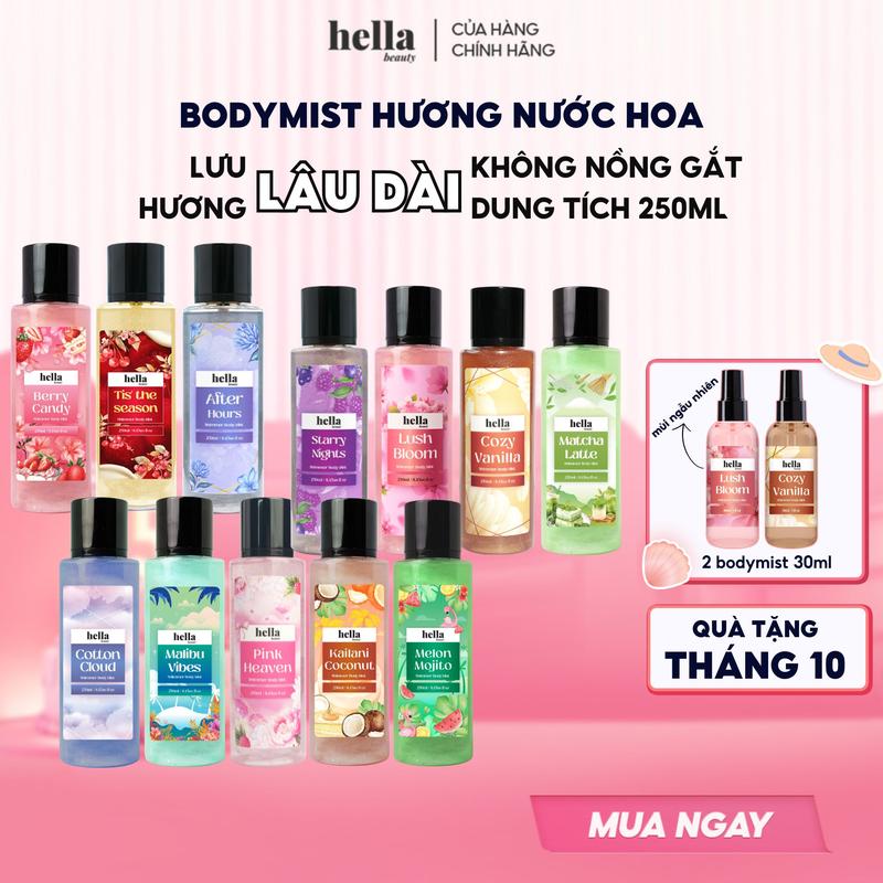 Xịt thơm body mist hương nước hoa Hella Beauty 250ml lưu hương lâu, an toàn cho da nhạy cảm
