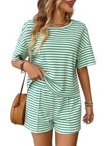 Summer new style striped round-neck casual short pants set for ladies - round-neck short-sleeved set