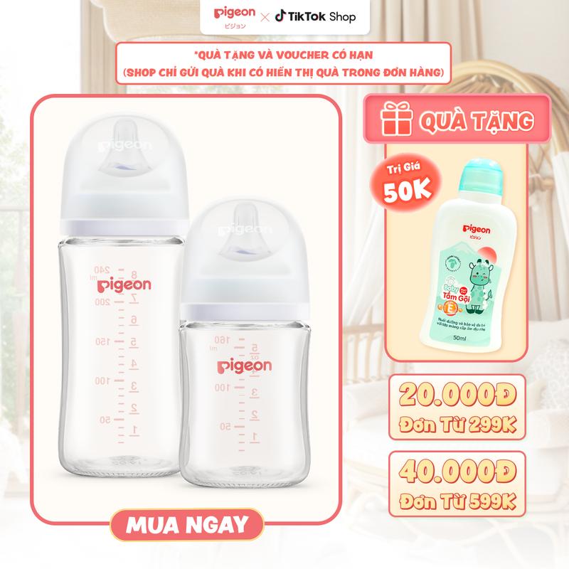 Bình sữa Thủy Tinh cổ rộng Pigeon Softouch thế hệ III 160ml/240ml