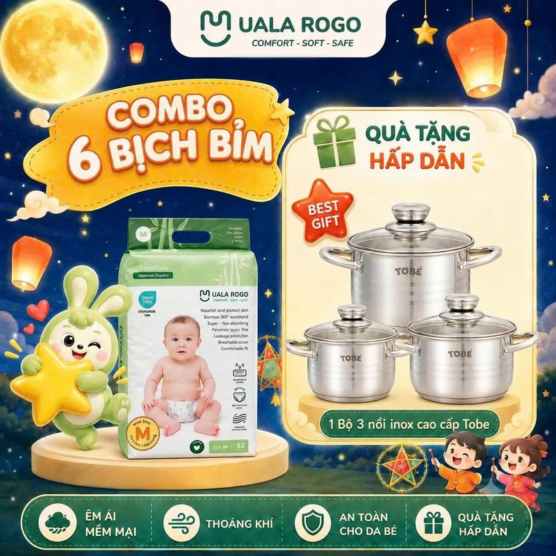 [UALA ROGO] COMBO 6 Bịch Tã - Bỉm Cao Cấp Uala Rogo - Mềm mại, siêu thấm hút, an toàn cho bé