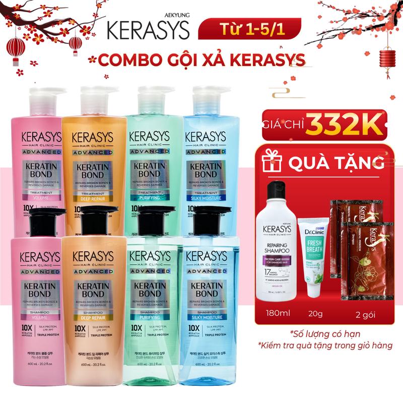 Cặp dầu gội xả Kerasys Advanced Keratin Bond Hàn Quốc phục hồi chuyên sâu tóc hư tổn làm phồng tóc dưỡng tóc