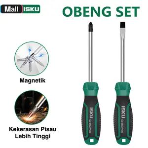 ISKU Obeng Set 2 Pcs Plus Minus Magnetik 6x100mm Baja Chrome Vanadium Anti-Slip CR-V Ujung Magnet Kuat Handle Ergonomis Anti-Slip Presisi Tinggi Tahan Lama