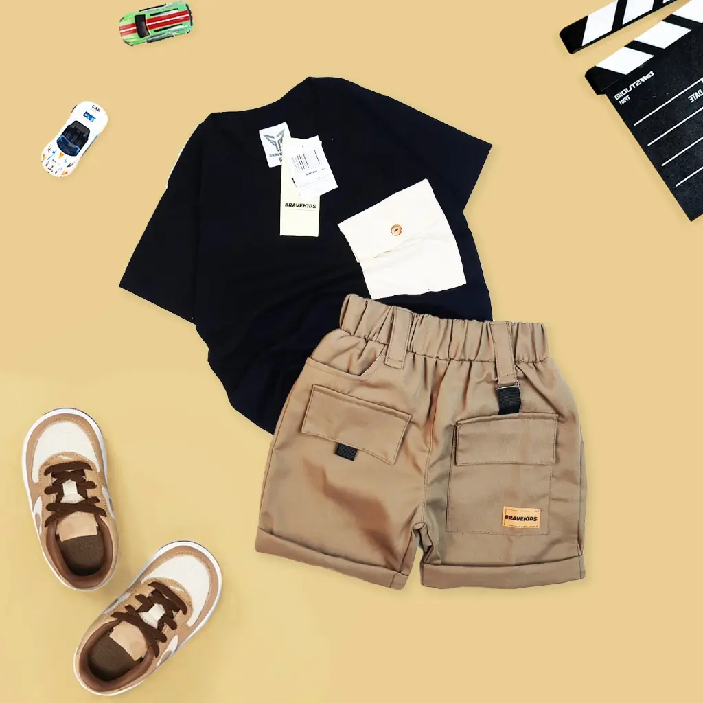 BRAVEKIDS FASHION - CARGO POCKET TEES KATUN 24s SETELAN ANAK UMUR 1-5 TAHUN T SHIRT KAOS DAN CELANA COTTON DRILL KARGO COMBED