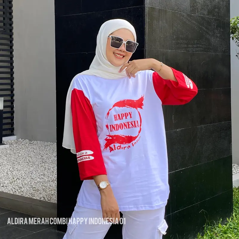 Kaos Oversize Kemerdekaan Happy Indonesia Combi putih merah Pakaian Baju Wanita 3