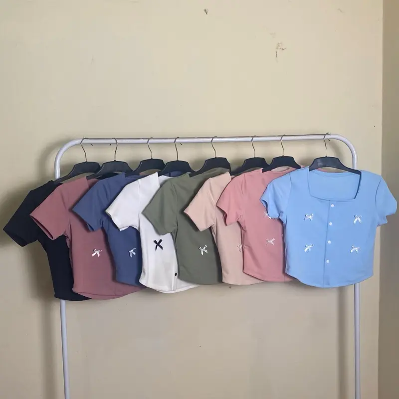 Jelly croptop Baju Crop Fit Rib Stretch Top pita variasi coquette leher persegi  Slim Tangan Unik Wanita Nyaman Tebal  Kaos Motif Tee