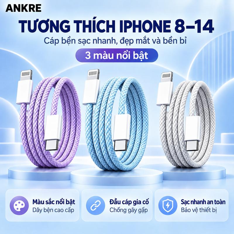 Cáp ANKRE PD20W Type-C to IP, Dây Bện Nylon Chống Rối, Chống Gãy Gập, 6 Màu Lựa Chọn