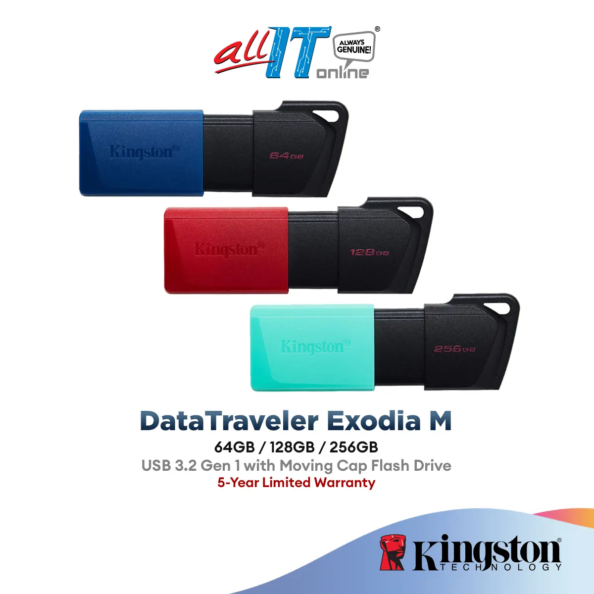 Kingston Pendrive DataTraveler Exodia M USB 3.2 DTXM Flash Drive wtih Moving Cap Storage ( 64GB / 128GB / 256GB )
