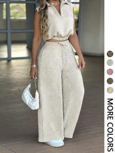 Conjunto casual para mujer de 2 piezas para el trabajo diario: top sin mangas con cuello y ajuste que define la cintura, y pantalones de pierna ancha con cordón y cintura alta.