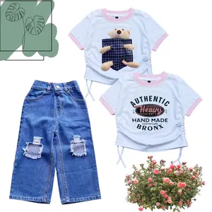 SETELAN KULOT SOBEK BIRU MUDA DAN KAOS SERUT PINK PUTIH