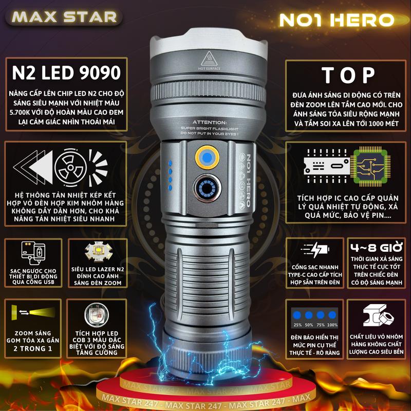 Đèn pin MAX STAR NO1 HERO SIÊU SÁNG ZOOM GOM TỎA NÂNG CẤP TỐI ƯU cầm tay siêu sáng chiếu xa 1000 mét ZOOM sáng xa gần chống nước sạc ngược cho điện thoại