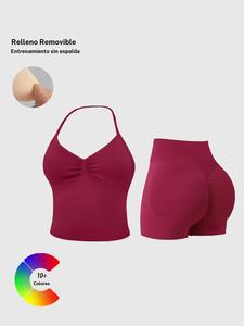 Conjunto deportivo para mujer: top deportivo con cuello colgante y shorts que realzan los glúteos, relleno removible, comodidad para entrenamiento, estilo deportivo a la moda