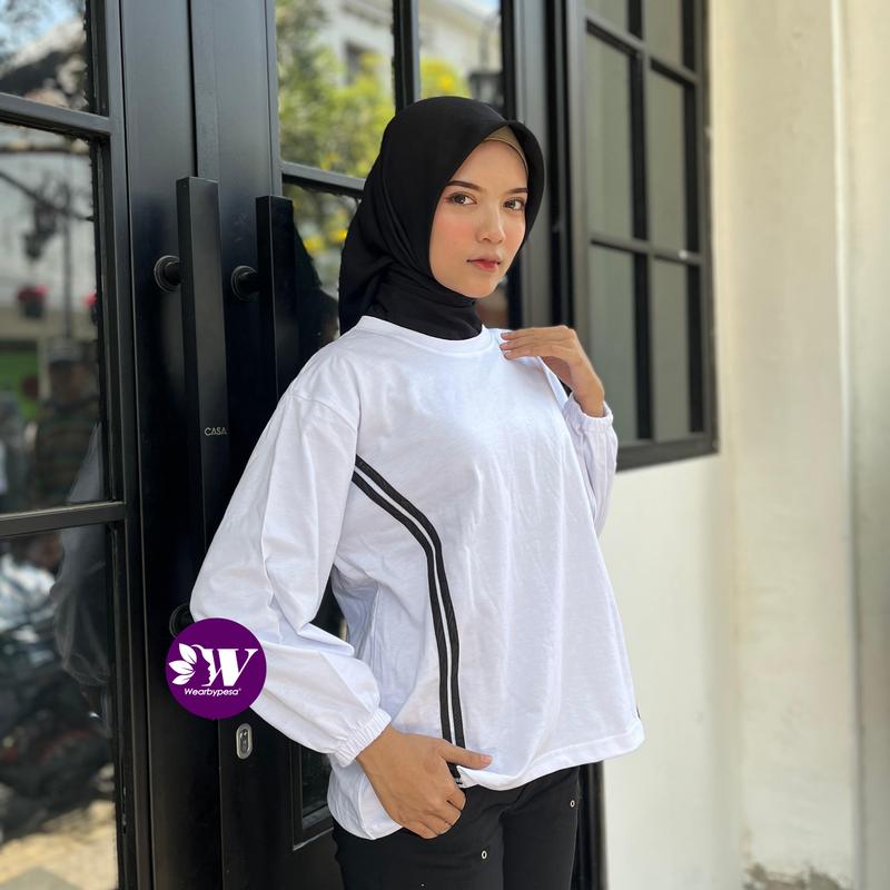 Product Introduction of Kaos Blouse Strip Samping  Atasan Wanita Terbaru Sporty Lengan Panjang Karet Katun Kombed Premium Casual 2