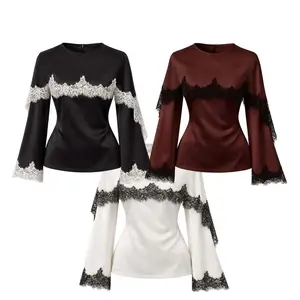 KHALIFA Blouse Wanita Satin Lace Top Putih Lengan Panjang Bahan Satin Mix Brukat Ukuran S M L XL