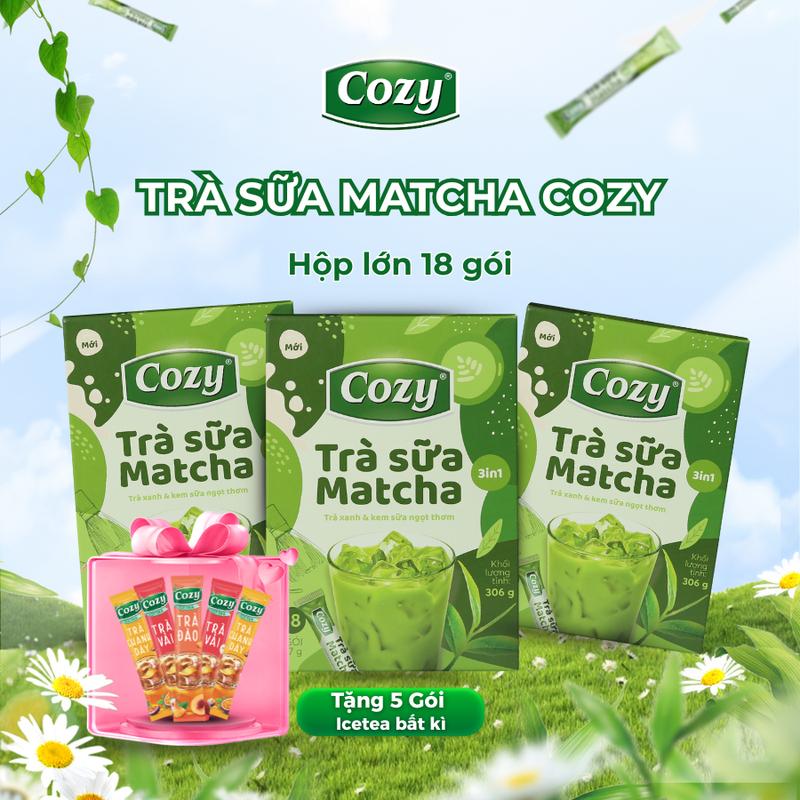 Trà Sữa Matcha Hòa Tan 3in1 Cozy Hộp Lớn 18g - Thơm Vị Matcha, Tiện Lợi (18 gói x 17gr) Chuẩn Vị Trà Sữa Matcha