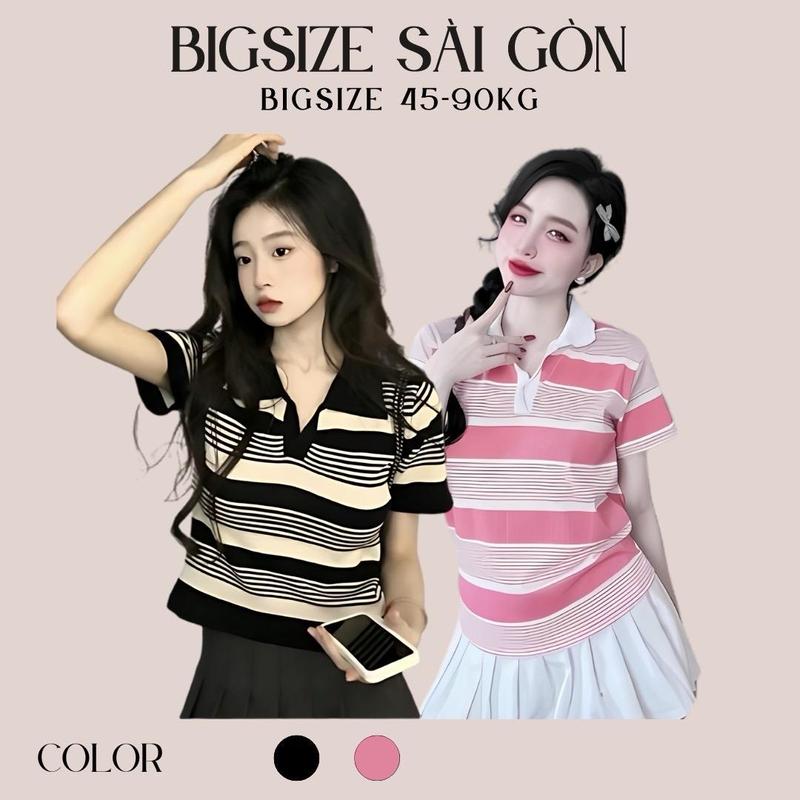   Xả Kho  Áo Thun Polo Sọc Vải Thun Gân Tăm 45- 90Kg Bigsize Dễ Thương Top Nữ Women - B.1335 