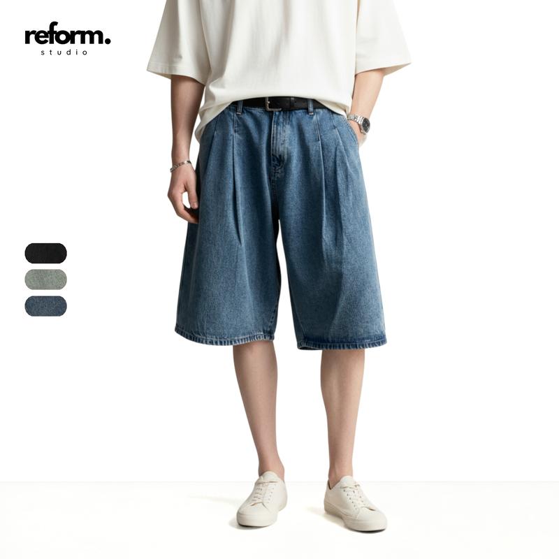  Quần Short Jean Unisex Ống Rộng REFORM Xếp Ly Quần Đùi Baggy Denim Dài Qua Gối Cá Tính RF-F17 