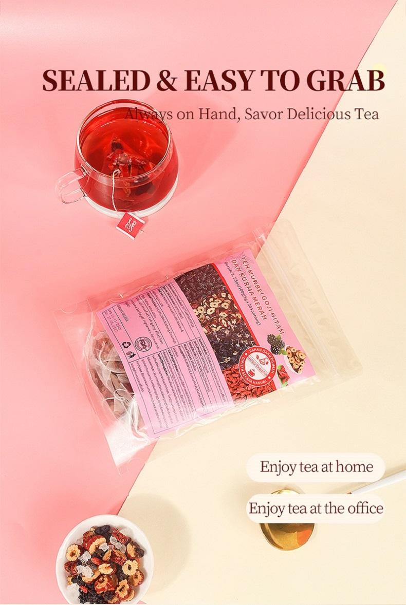 Teh Murbei Goji Hitam & Kurma Merah - Teh Herbal Penambah Tenaga Alami, Bantu Atasi Capek, Lelah & Kurang Stamina Karena Begadang atau Kerja Keras, 100% Bahan Premium, Praktis 1 Paket Langsung Seduh!