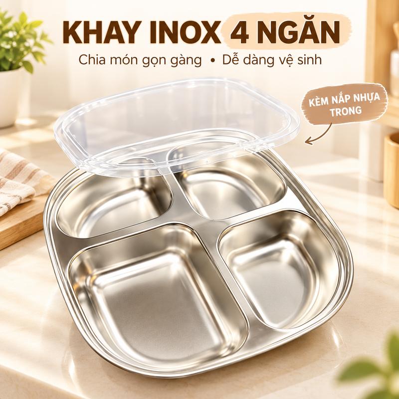 KHAY CƠM INOX 4 NGĂN HÀN QUỐC GIÁ RẺ Khay cơm inox 4 ngăn đa dụng chất liệu inox cao cấp không gỉ kèm nắp khay cho bếp ăn trường học, công ty