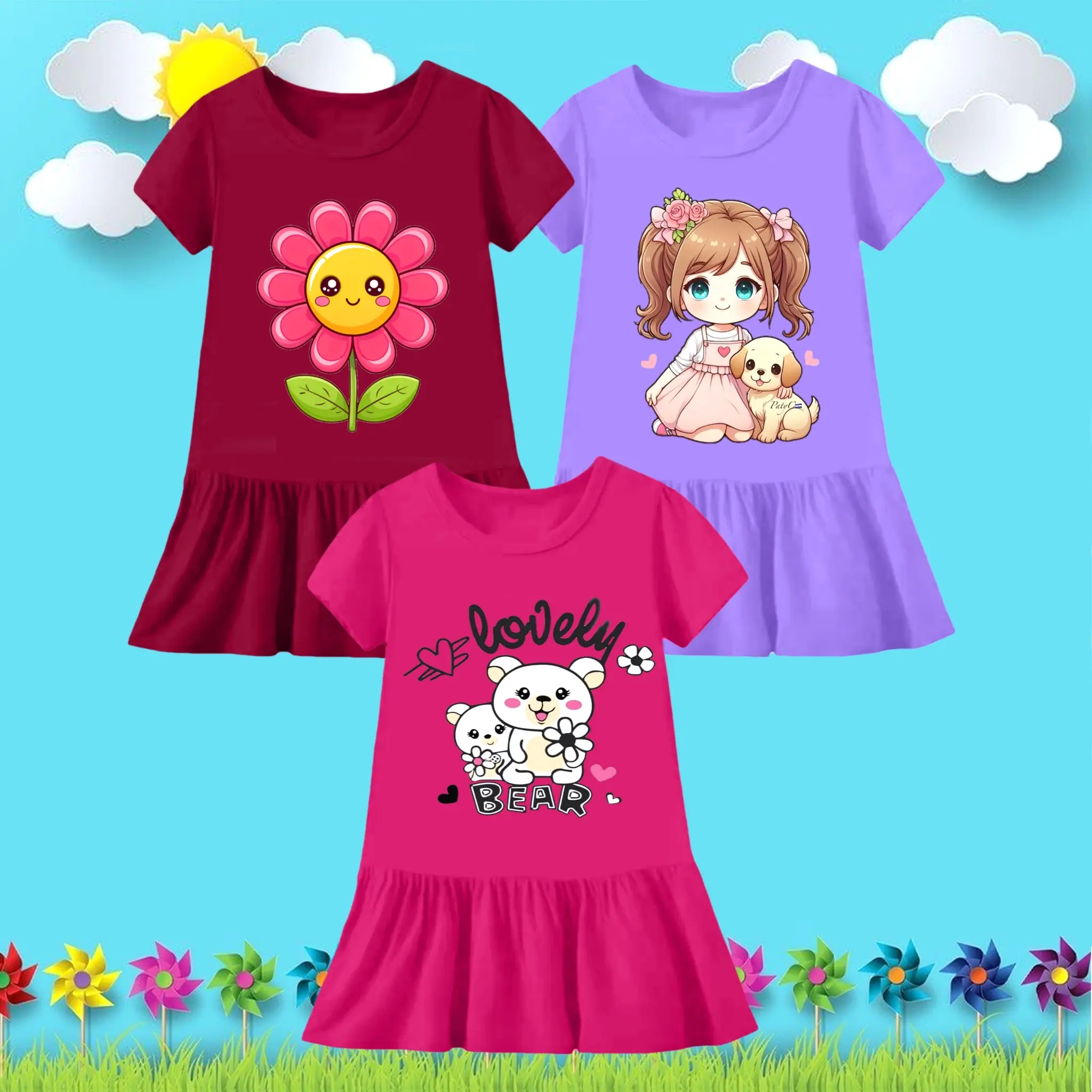 PAKET 3 PCS DASTER KERUT ANAK PEREMPUAN USIA 1-8 TAHUN Bahan Katun 30s Nyaman Lengan Pendek Cocok untuk Aktivitas Sehari-hari